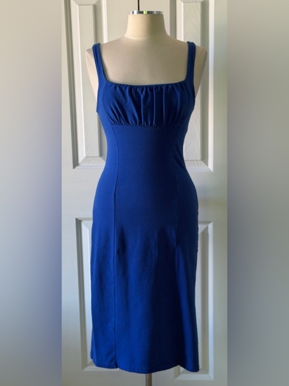 Moda International Blue Bodycon Midi Dress Size Small Cotton Stretch Fitted